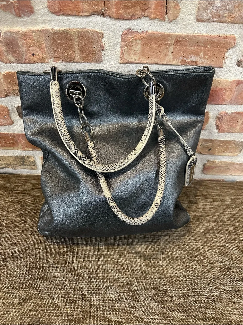 Metallic Black Tote with Snakeskin-Textured Chain Handles